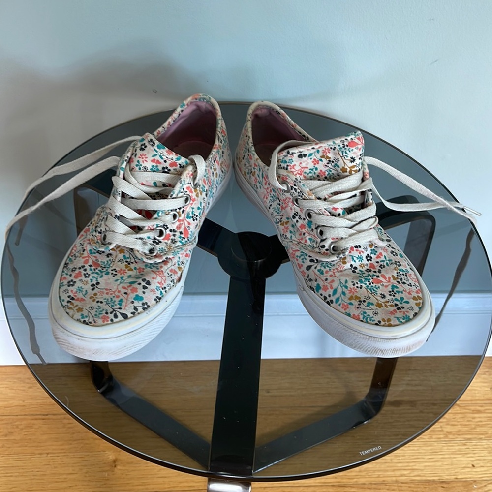 Vans Floral Canvas Sneakers - White with Pink, Teal, Green Accents